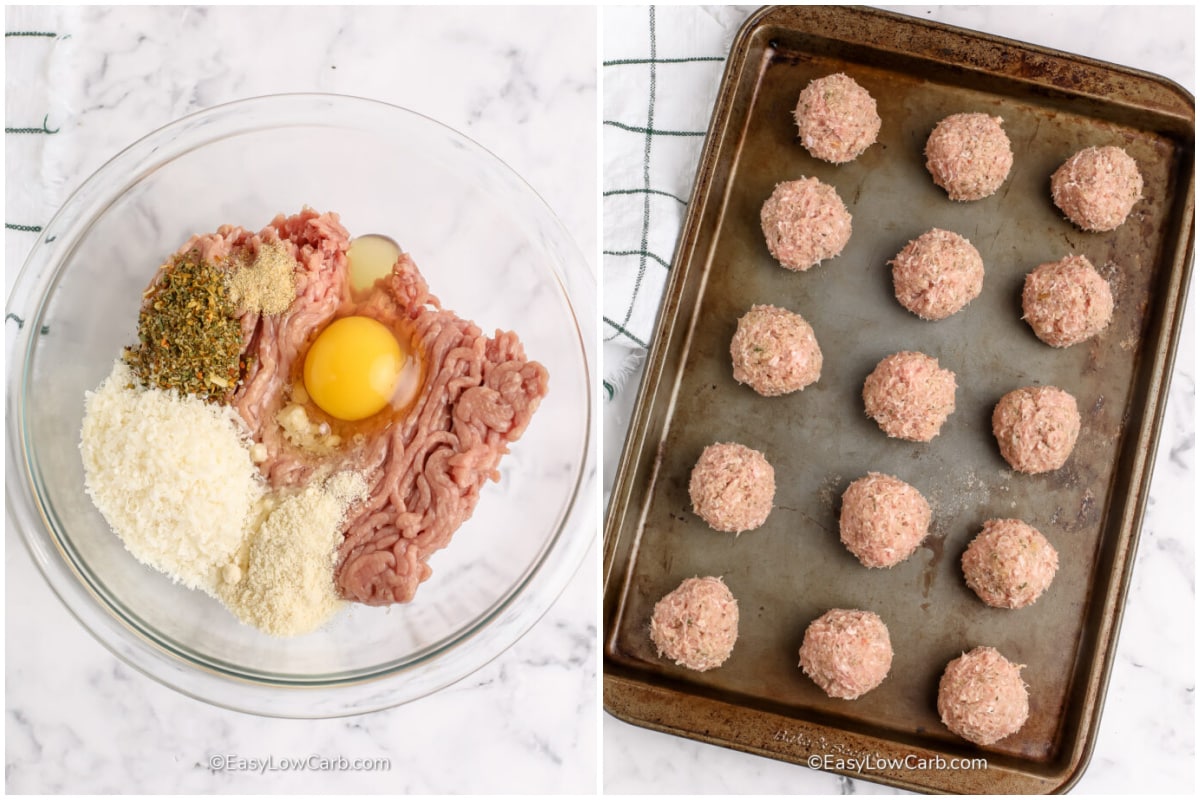 ground turkey meatballs recipe ingredients in a clear bowl, and the meatballs rolled on a baking sheet