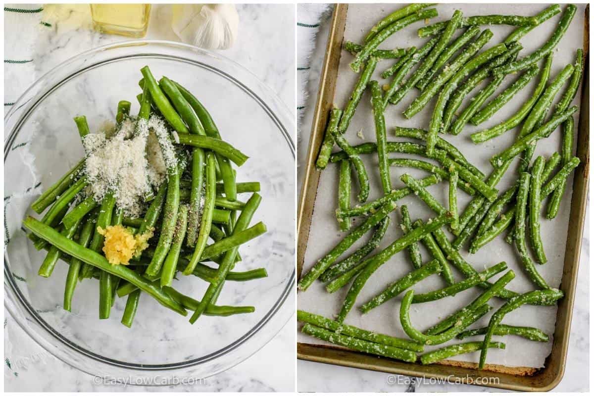 process of adding ingredients together to make Roasted Green Beans