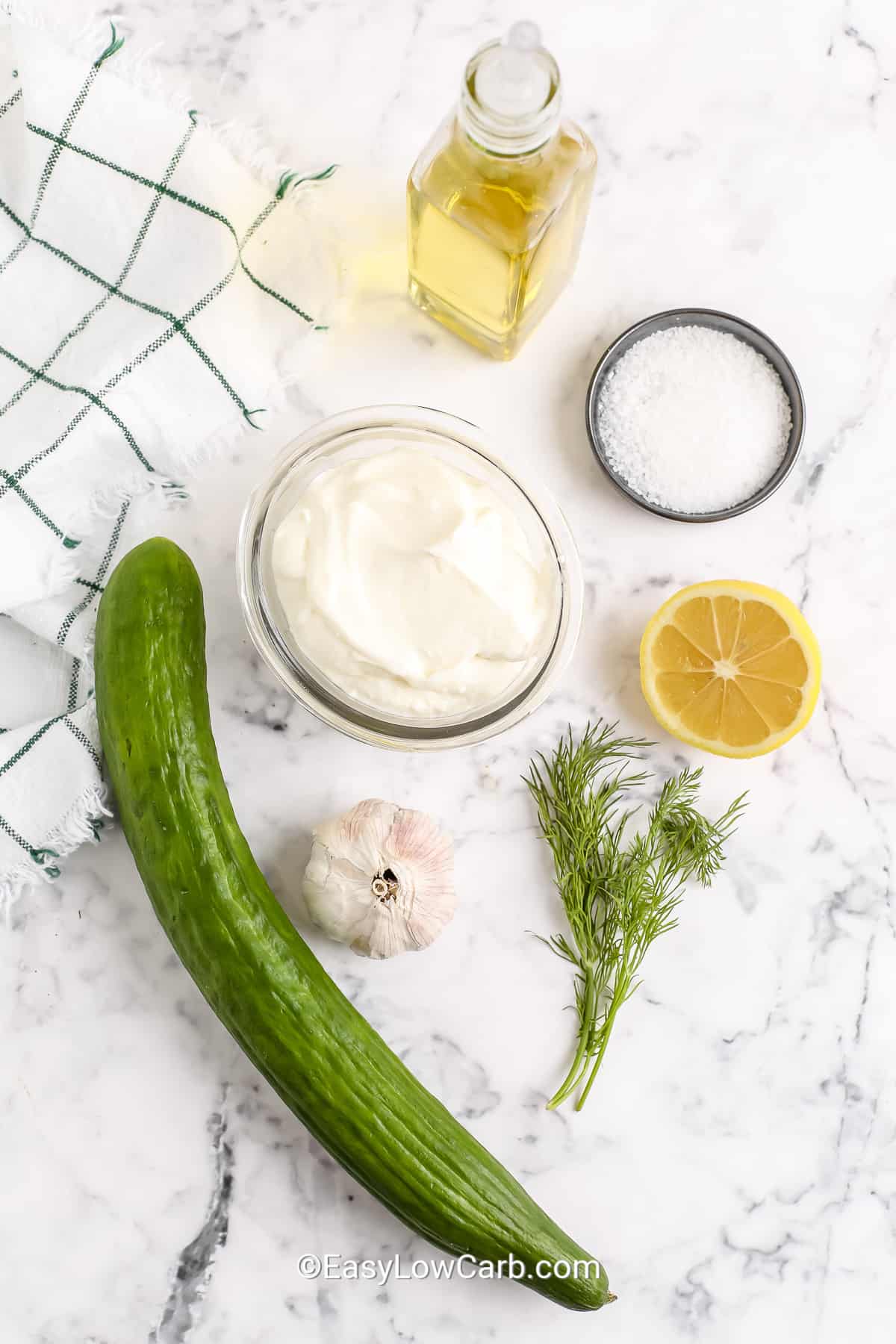 ingredients assembled to make homemade tzatziki