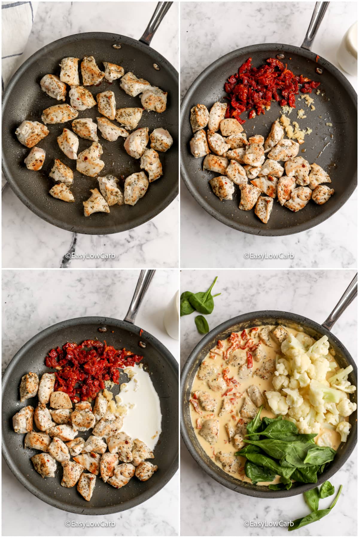 process of mixing ingredients for creamy tuscan chicken skillet in pan