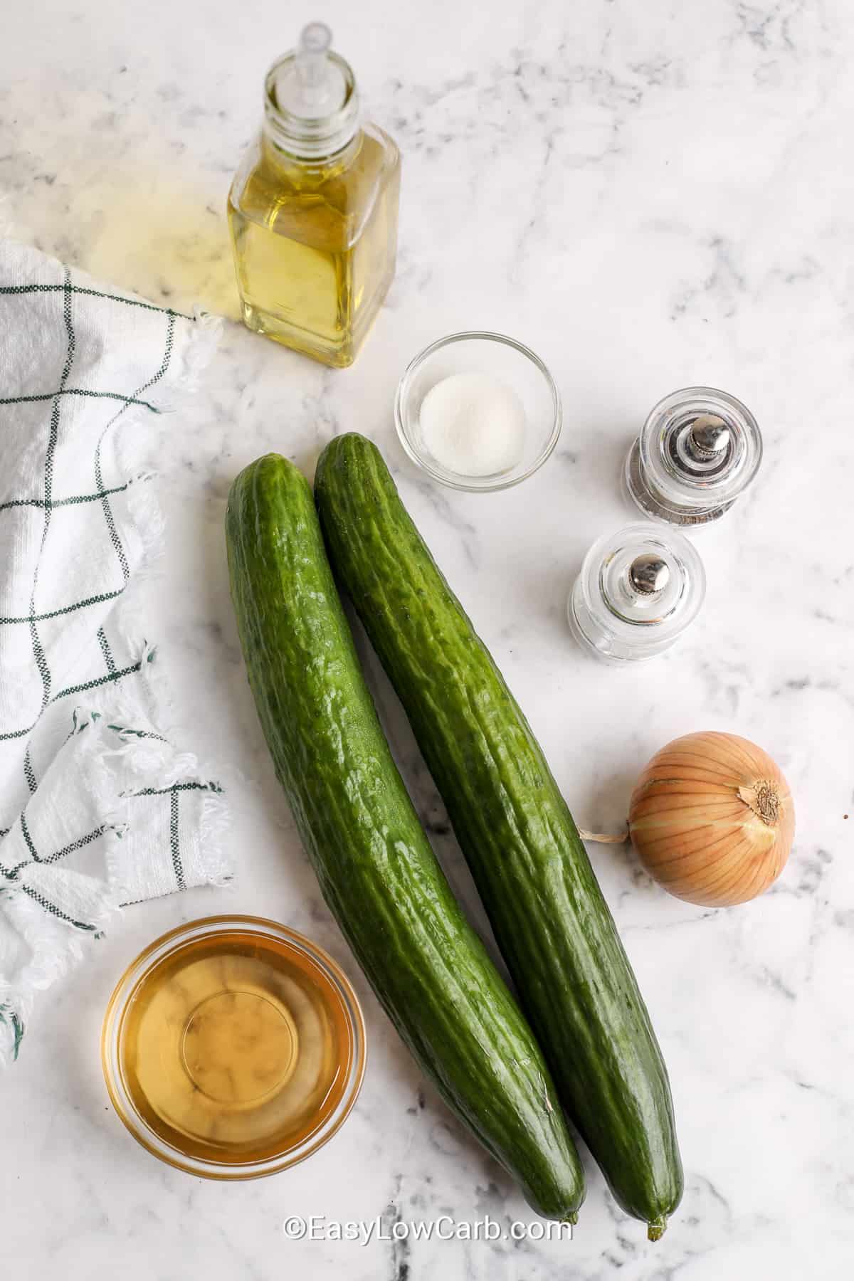 ingredients assembled to make cucumber onion salad