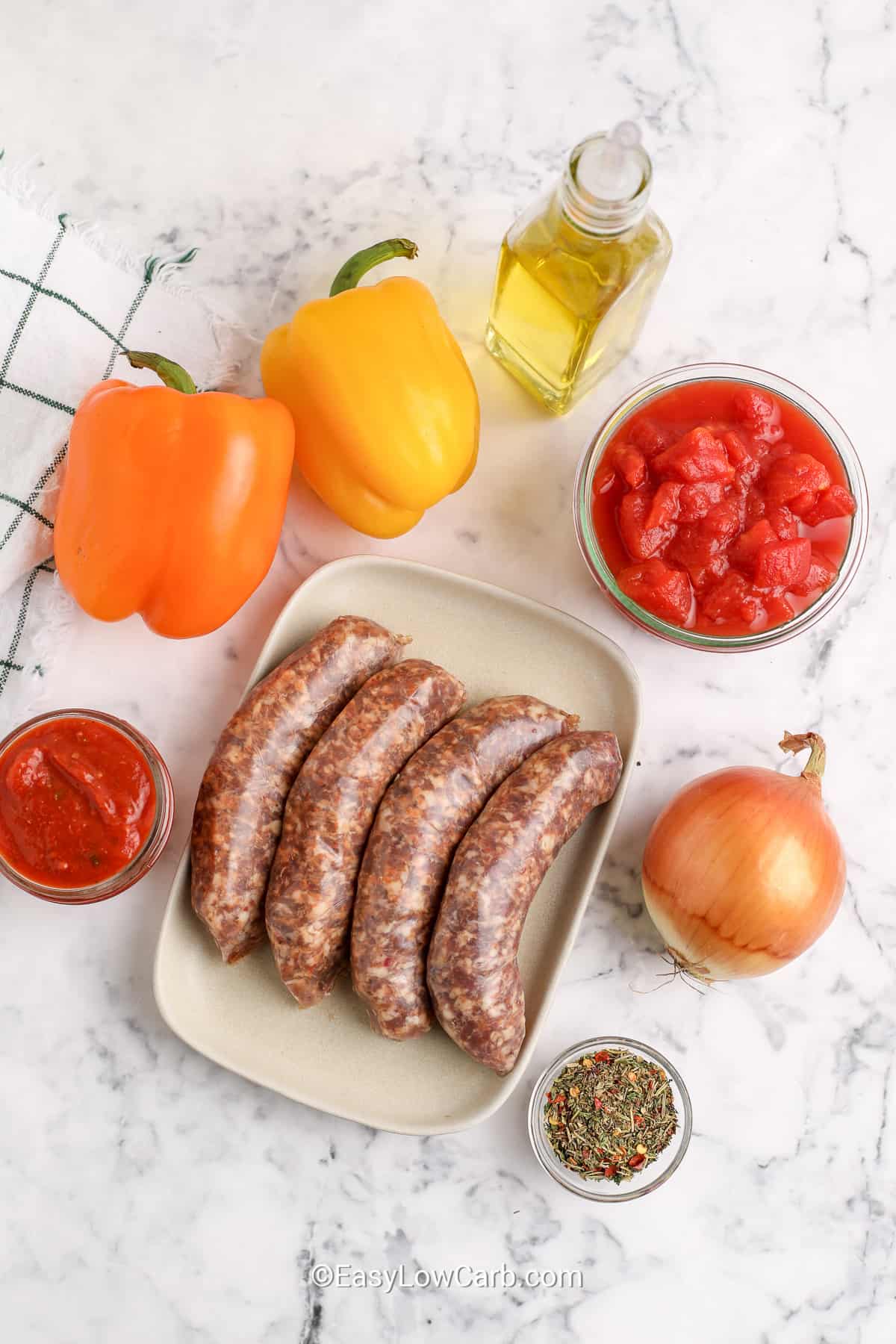 ingredients assembled to make italian sausage and peppers