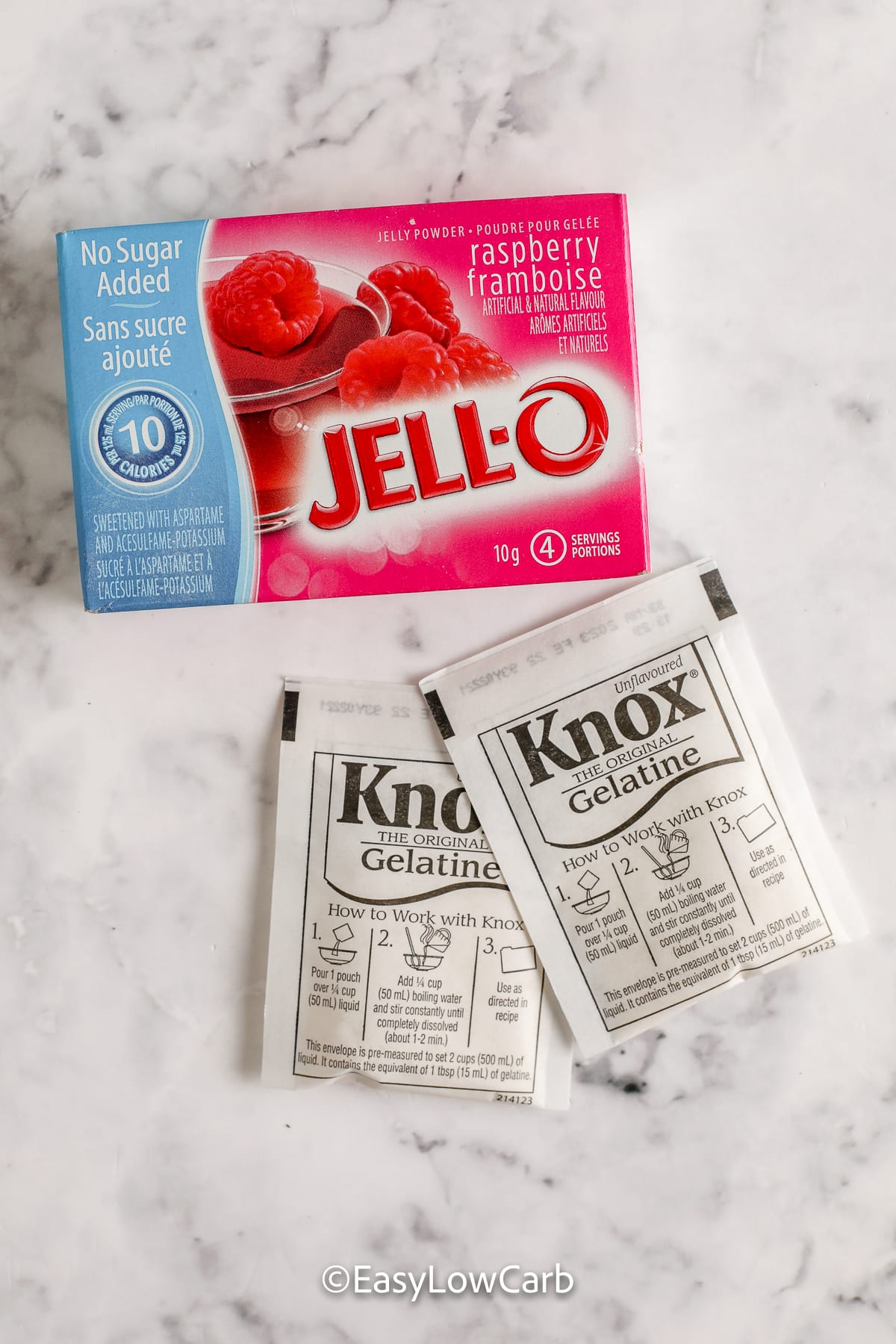 JELL-O box and Knox gelatine packets