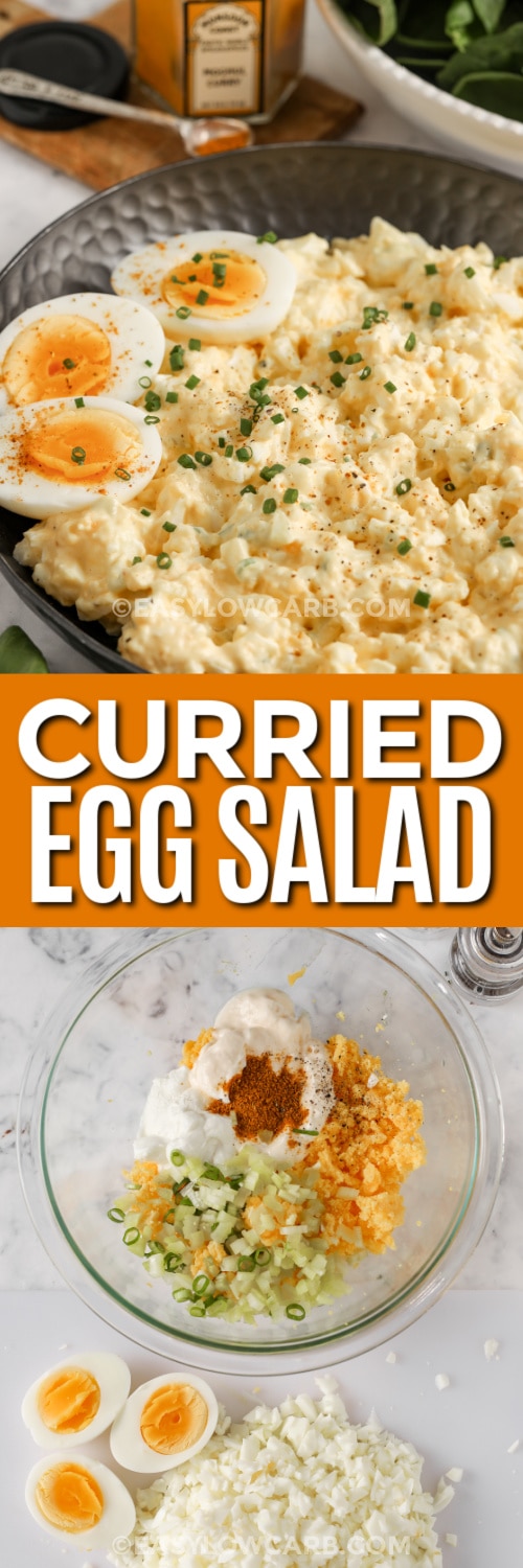 curried egg salad and ingredients with text