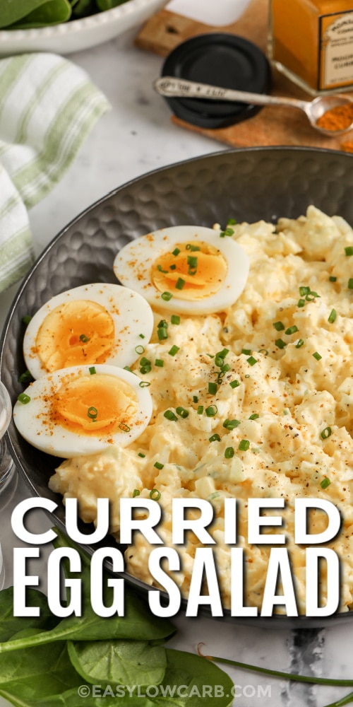 curried egg salad in a bowl with text