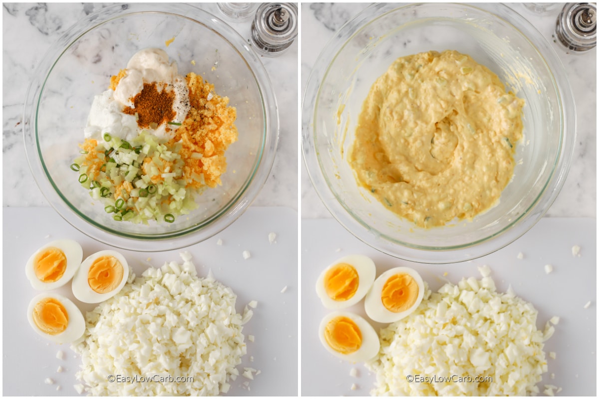 ingredients for curried egg salad in a bowl, and the ingredients mixed up in the bowl.