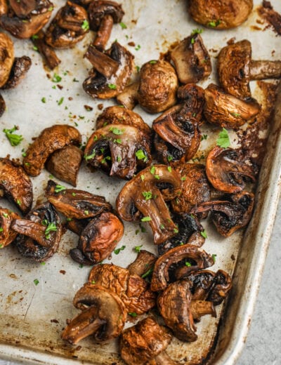 Oven Roasted Mushrooms cooked on a sheet pan