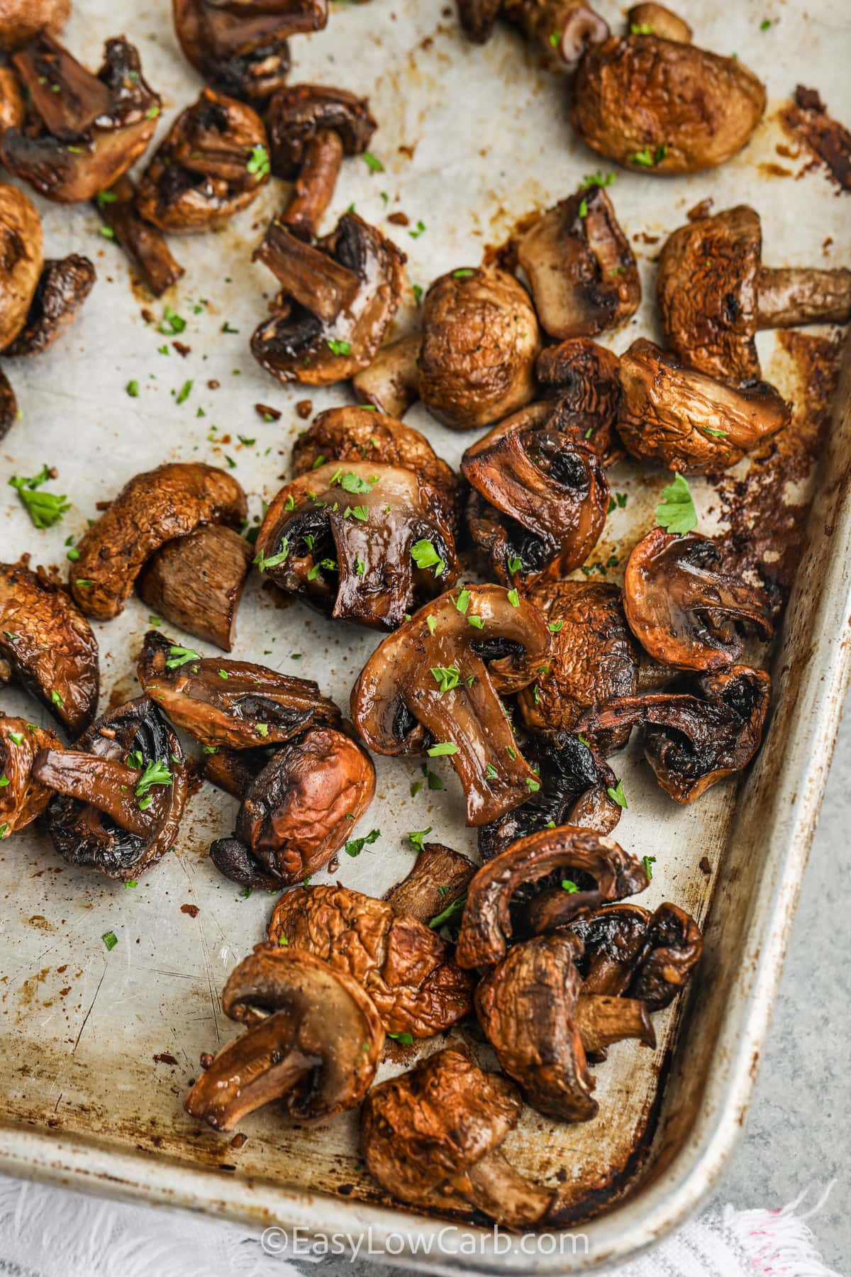 Oven Roasted Mushrooms cooked on a sheet pan