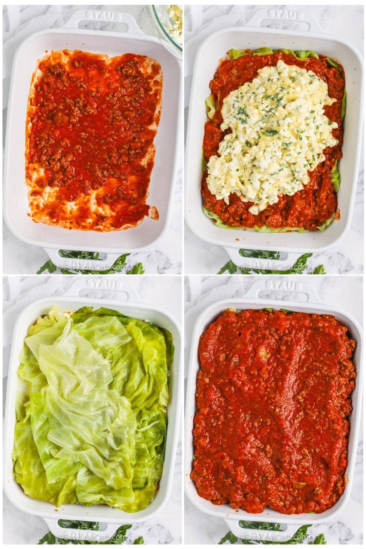 process of adding layers to pan to make Cabbage Lasagna