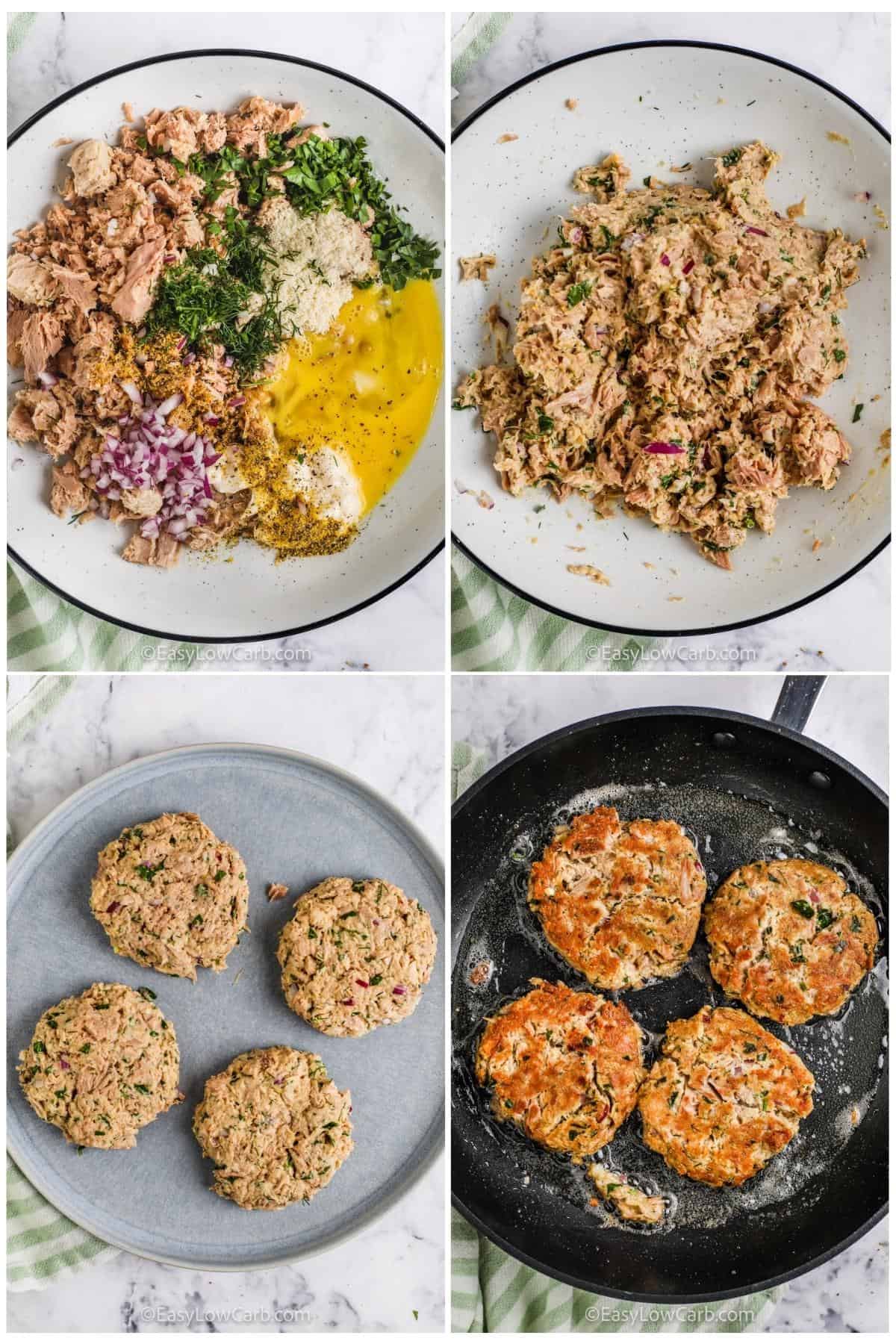 process of adding ingredients together and cooking to make Tuna Cakes