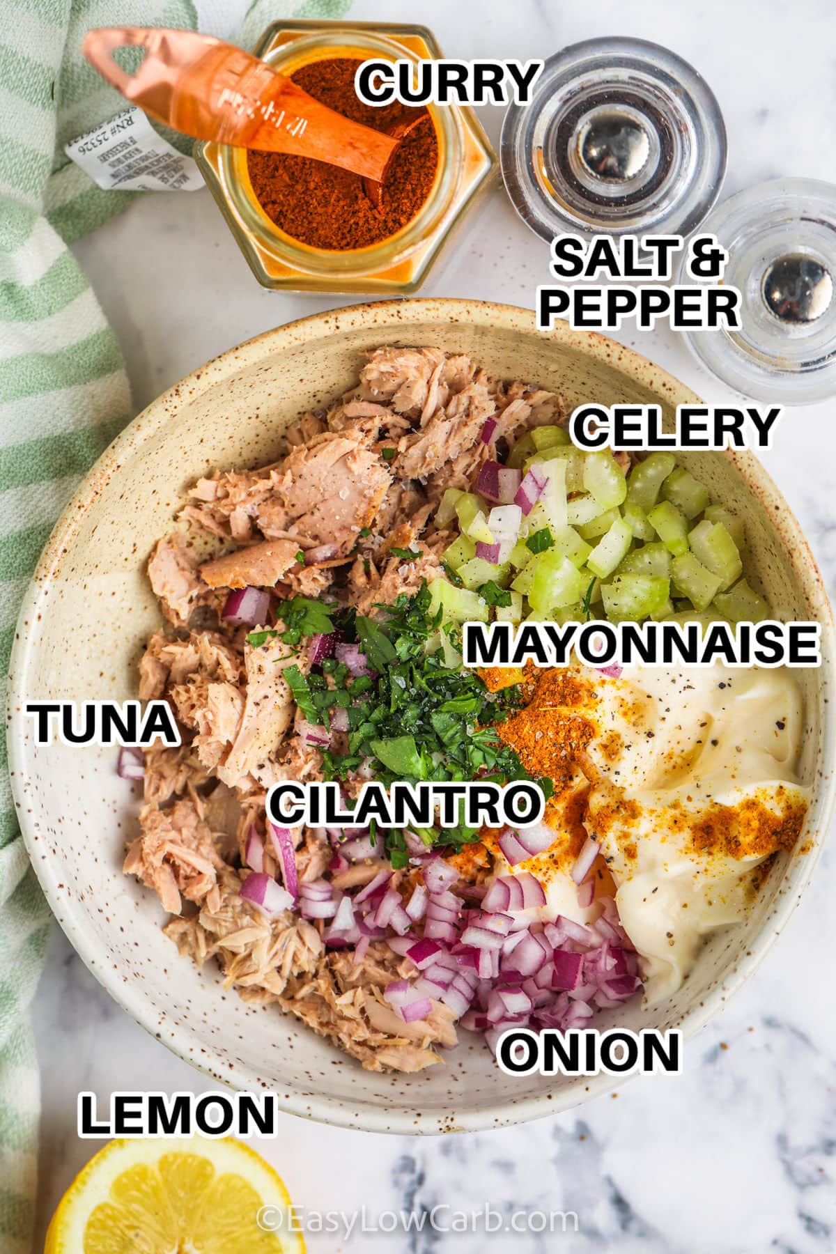 Tuna , Lemon , Mayonnaise, Curry, Cilantro and ingredients to make Easy Curry Tuna Salad with labels