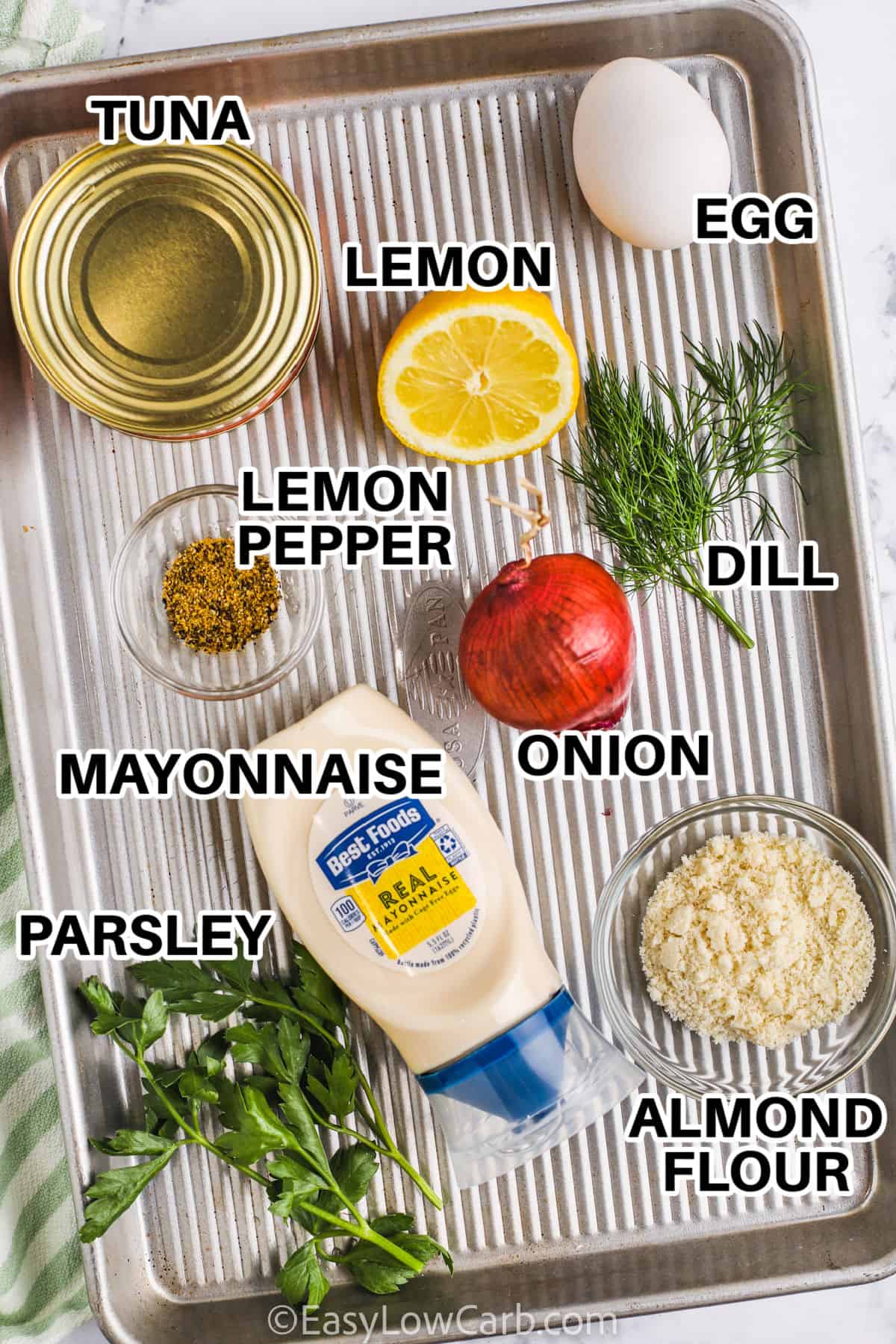 tuna, mayonnaise , egg , dill , flour and other ingredients to make Tuna Cakes with labels