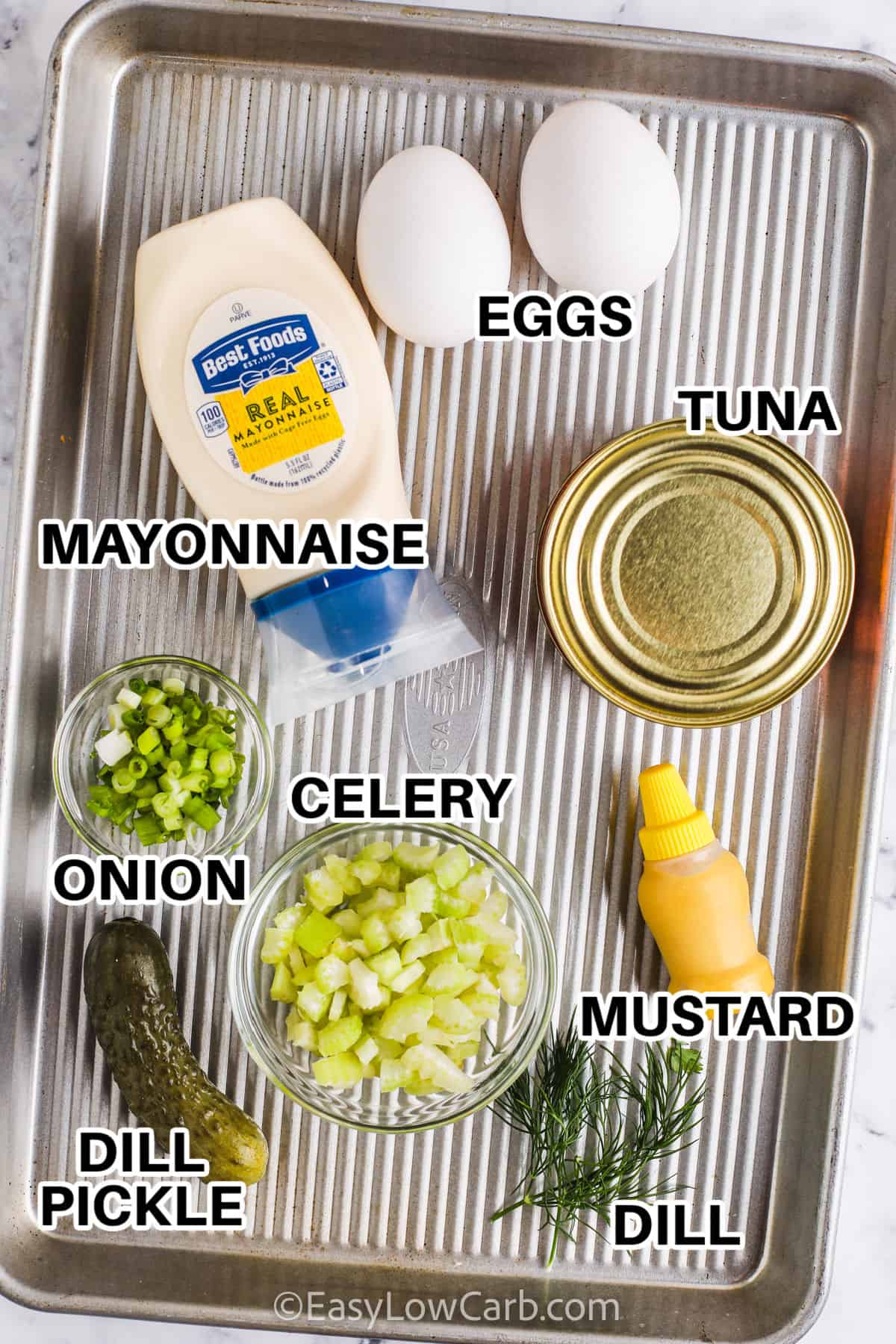 tuna , eggs , mayonnaise , celery and dill to make Tuna Egg Salad