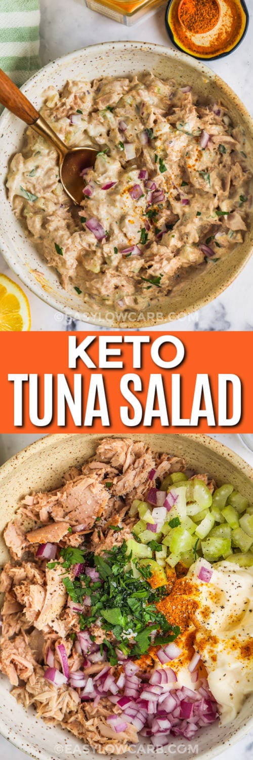 Easy Curry Tuna Salad ingredients in a bowl before and after mixing, with writing