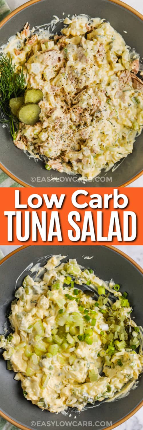 adding ingredients to bowl and plated dish of Tuna Egg Salad with writing