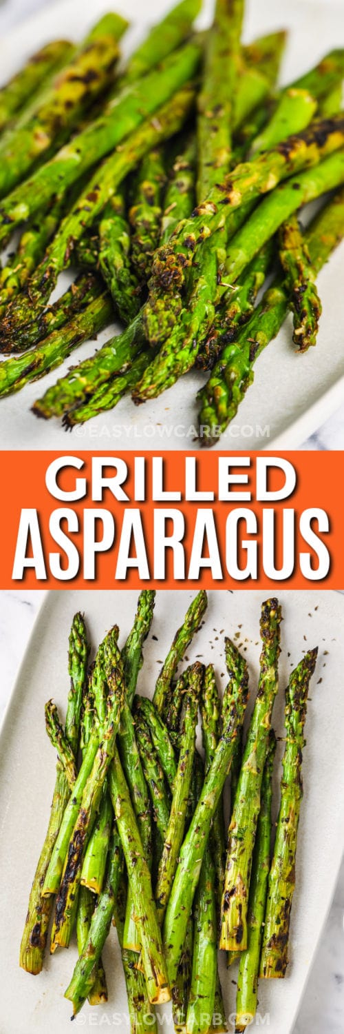 plated and close up photos of Grilled Asparagus with writing