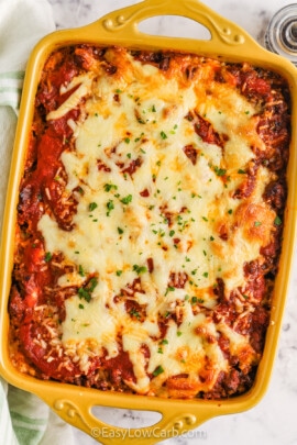 cooked Low Carb Beef and Tomato Casserole in the pan