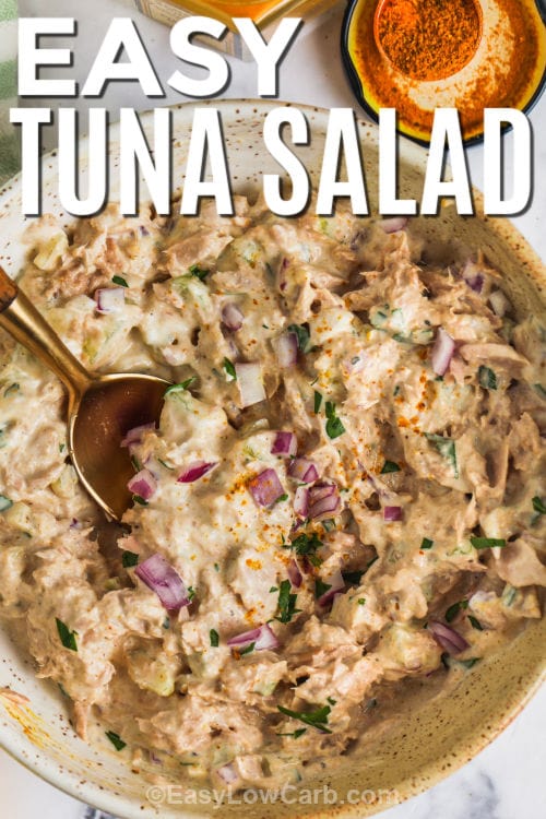 plated Easy Curry Tuna Salad with a spoon and a title