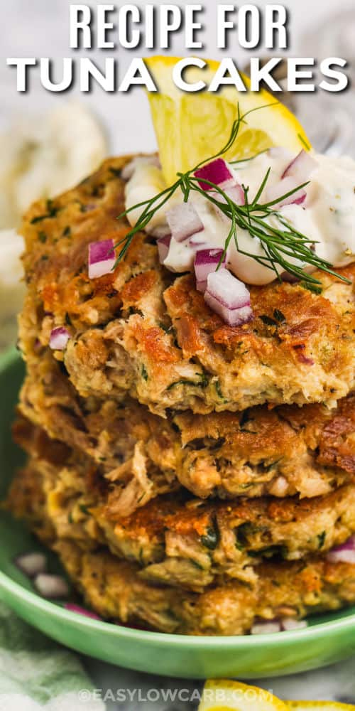 close up of Tuna Cakes on a plate with writing