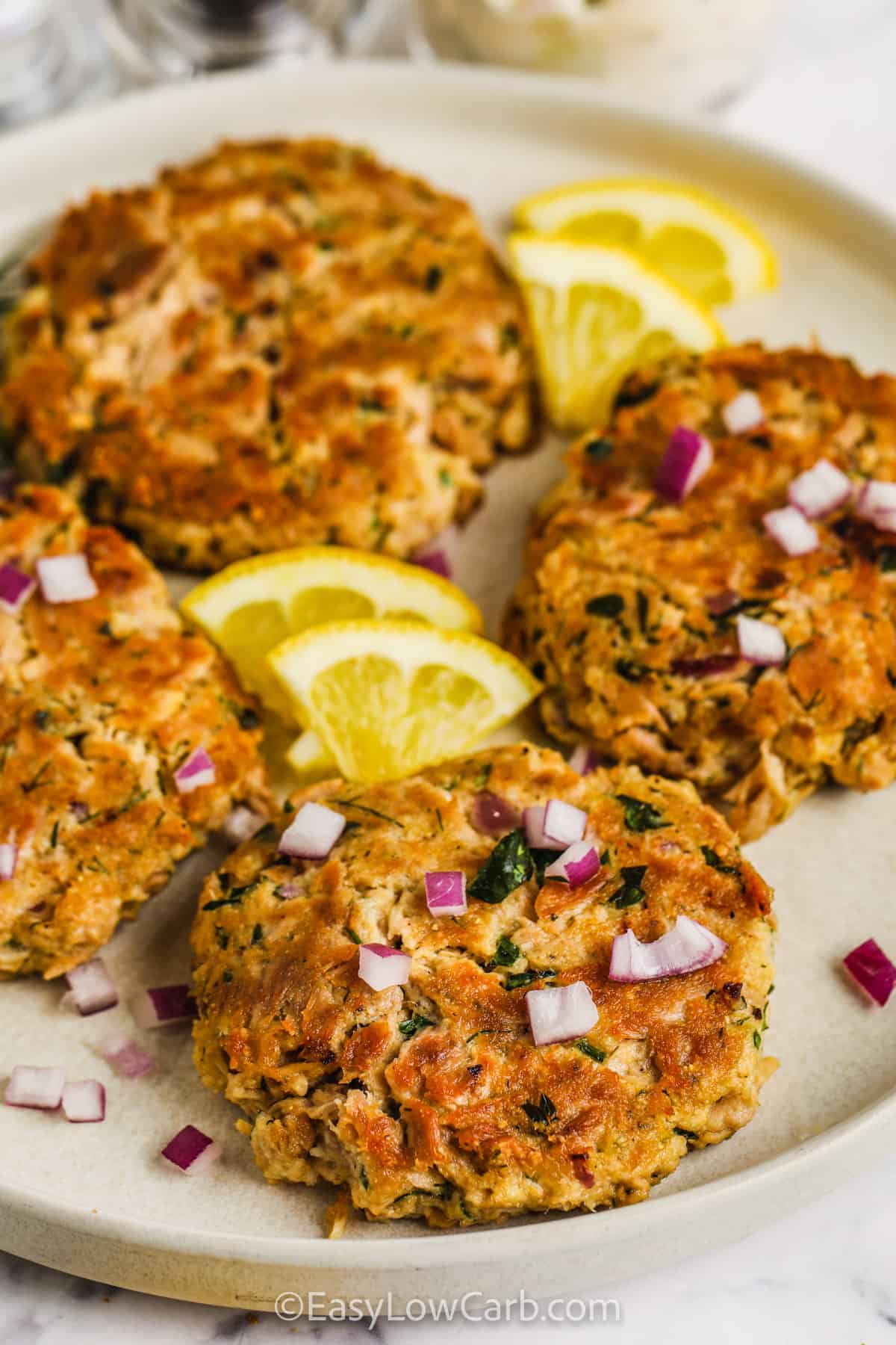 Tuna Cakes cooked on a plate with lemon slices