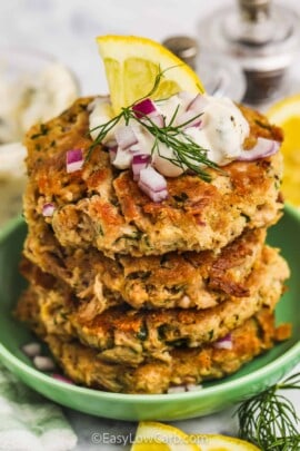 Tuna Cakes in a stack on a green plate