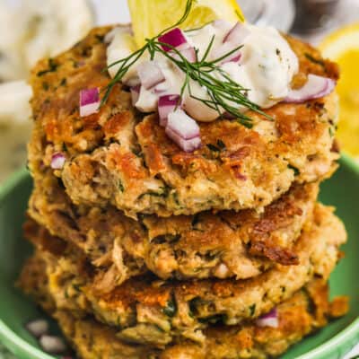 Tuna Cakes in a stack on a green plate
