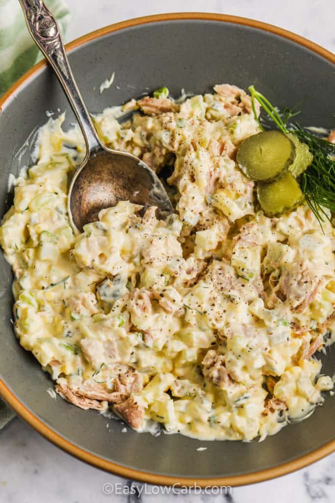 bowl of Tuna Egg Salad with a spoon