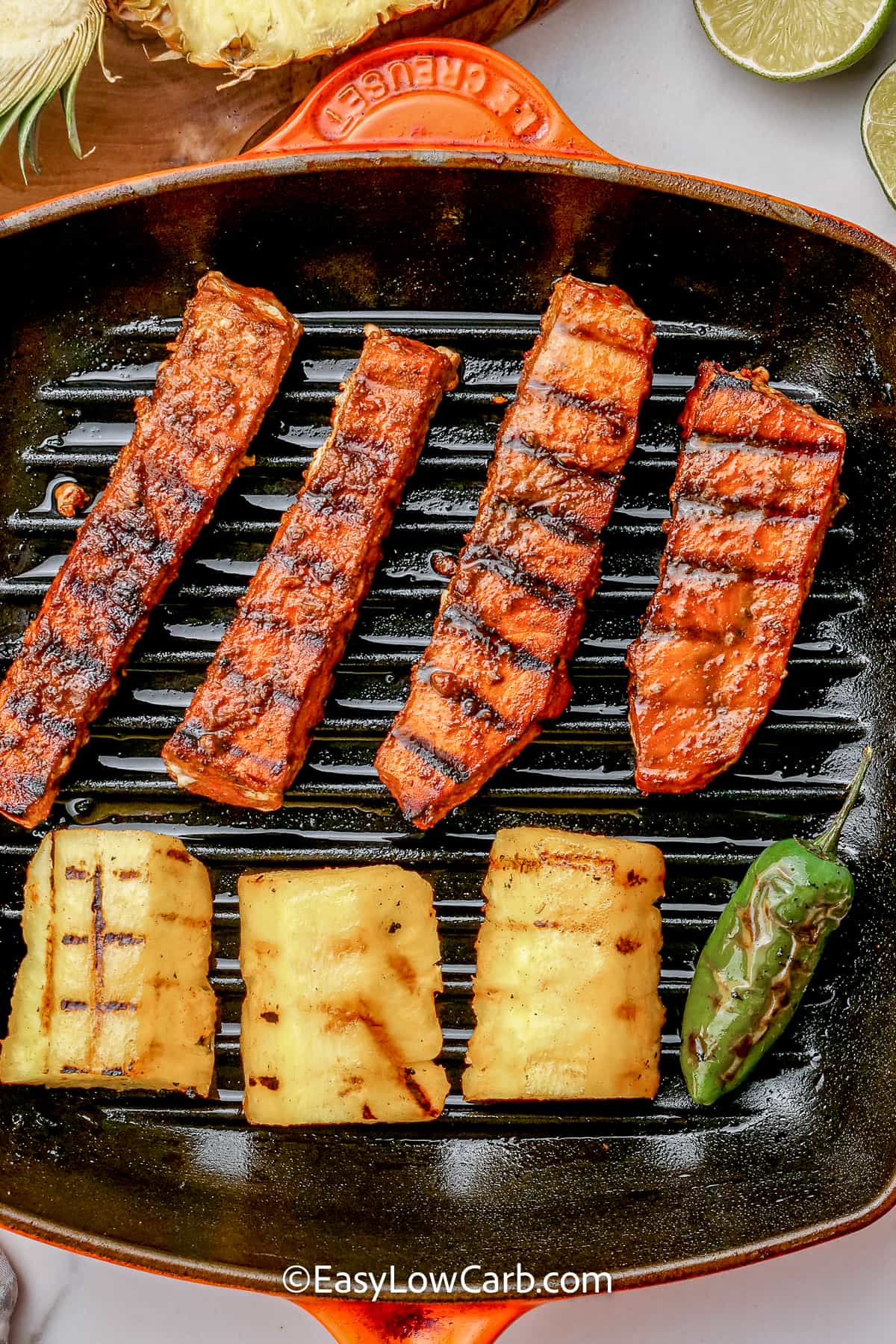 fish, pineapple and peppers on a grill, for Grilled Fish Tacos