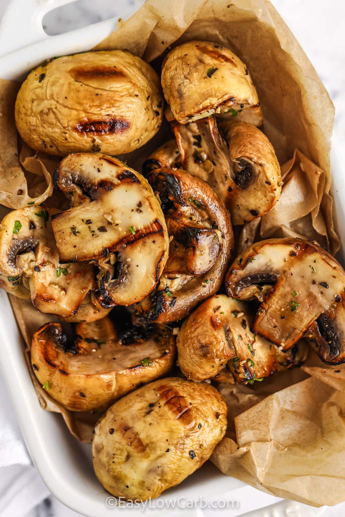 Grilled mushrooms in a serving dish