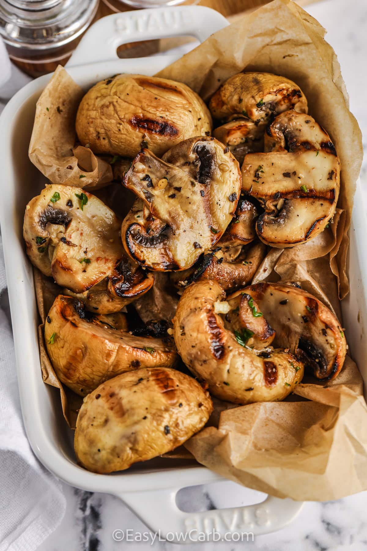 A serving dish of grilled mushrooms