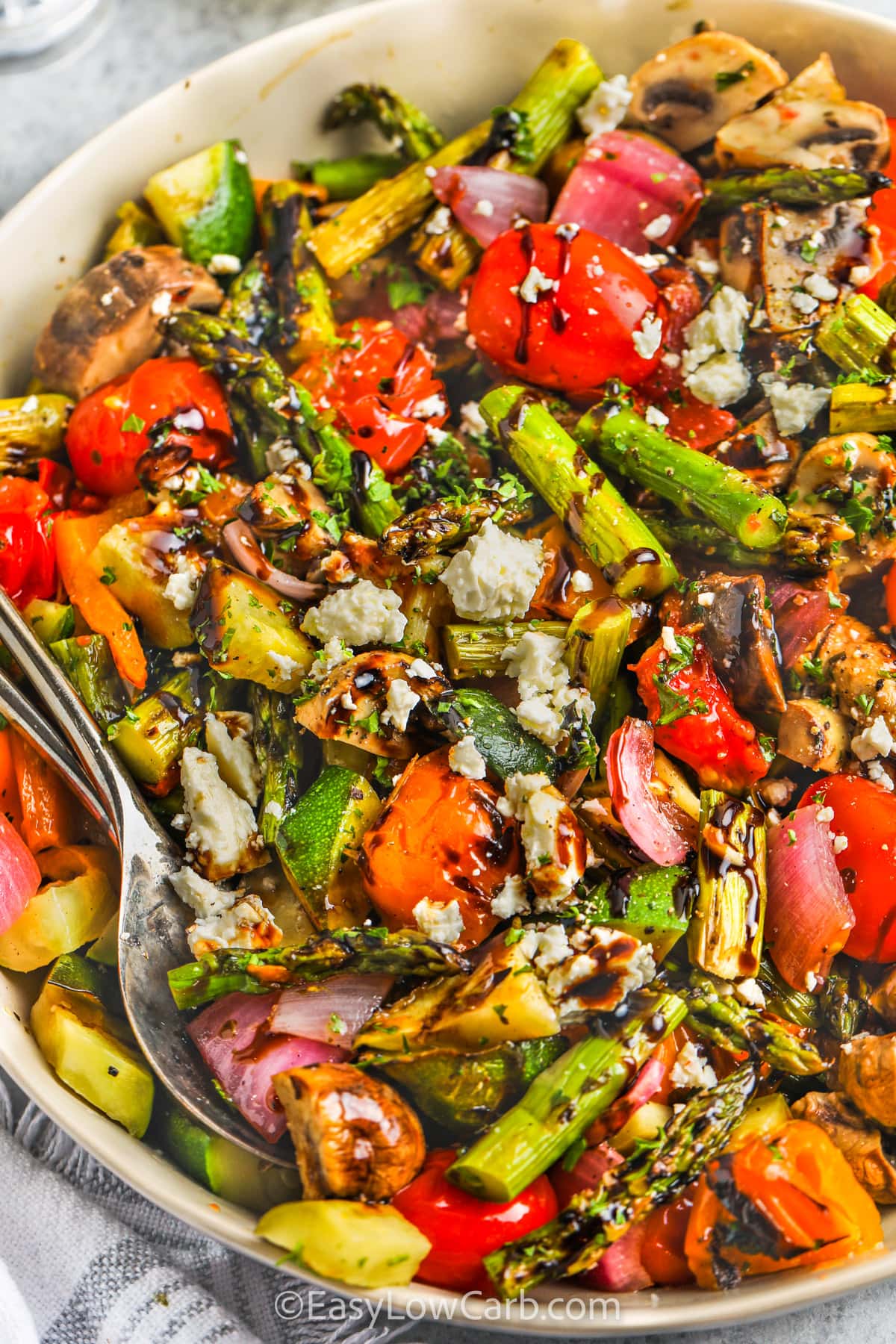 plated Grilled Vegetable Salad with spoons