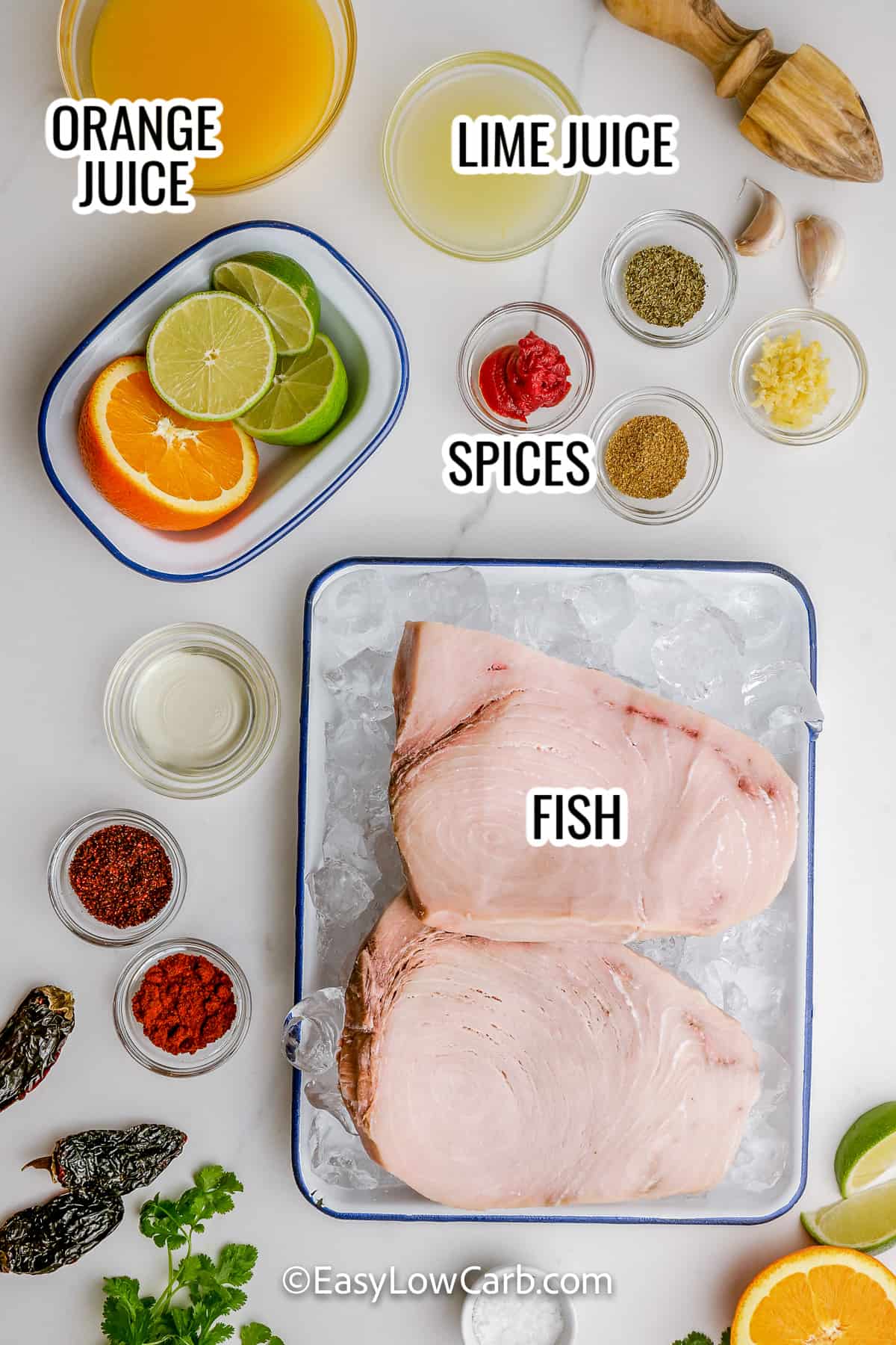 ingredients assembled to make grilled fish tacos, including fish, spices, lime juice, and orange juice