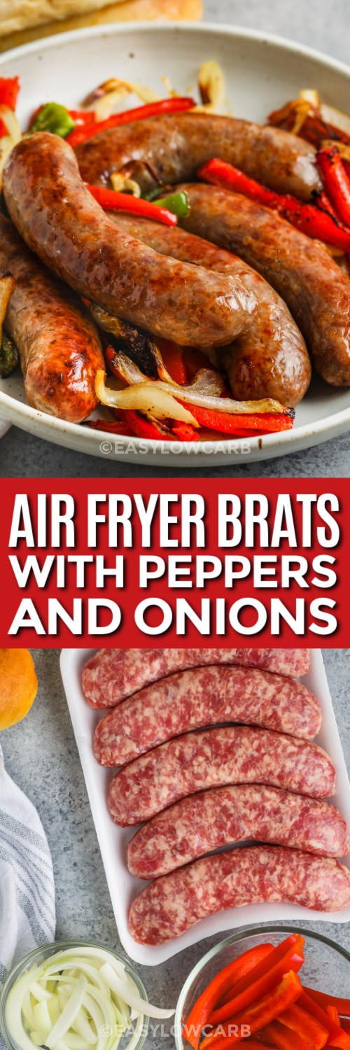 brats with peppers and onions and ingredients with text