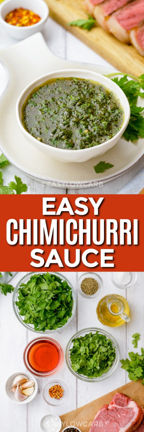 chimichurri sauce and ingredients with text
