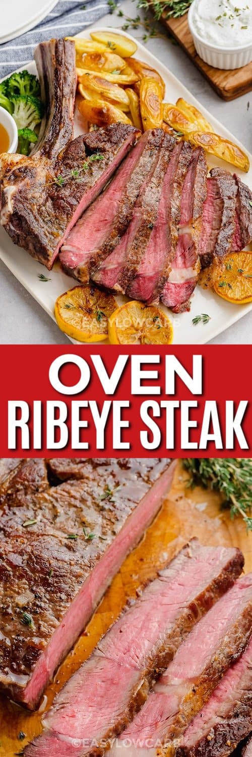 ribeye steak on a plate and on a cutting board with text