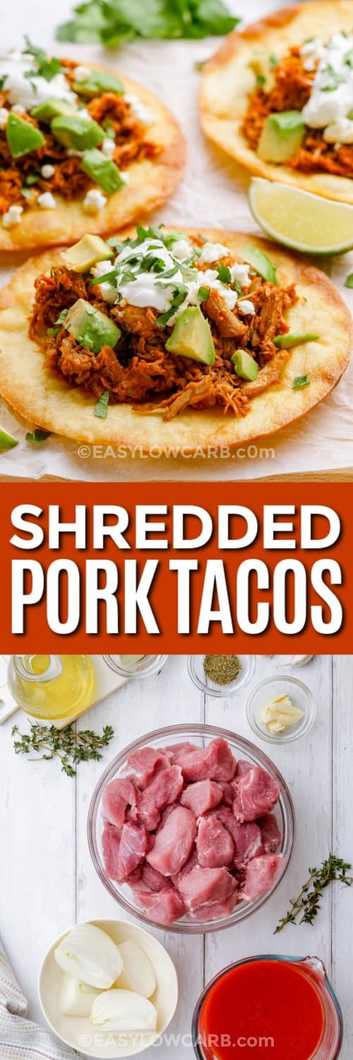 shredded pork tacos and ingredients with text