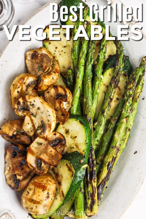 cooked Grilled Vegetables on a white plate with writing