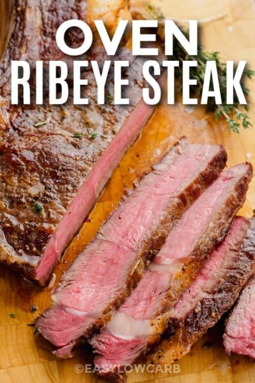 sliced ribeye steak on a cutting board with text