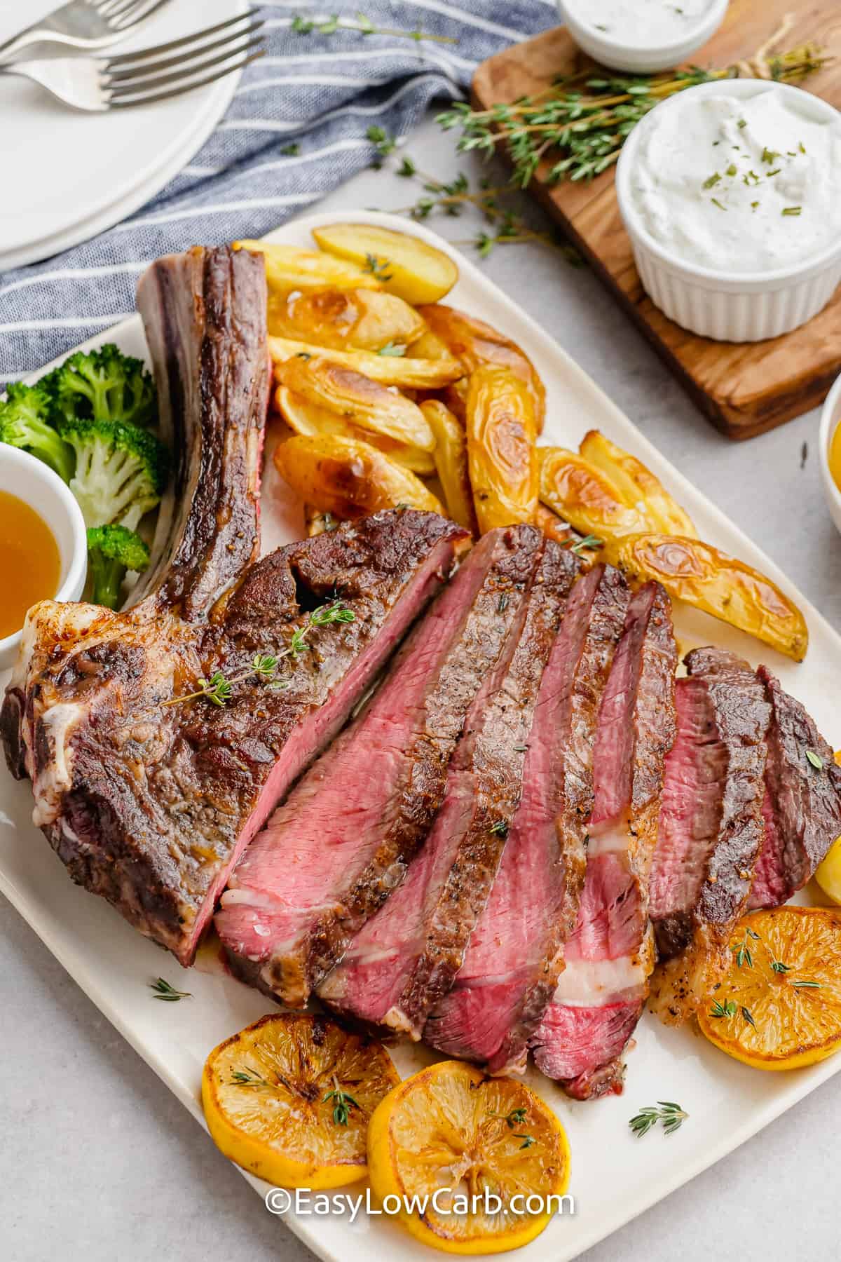 sliced ribeye steak on a plate