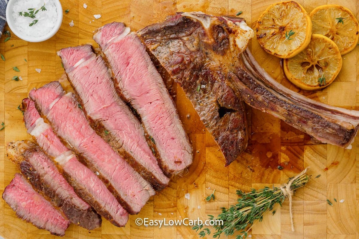 sliced ribeye steak on a cutting board