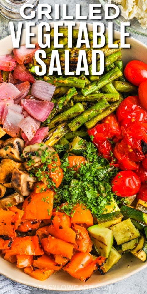 close up of ingredients in a bowl to make Grilled Vegetable Salad with a title