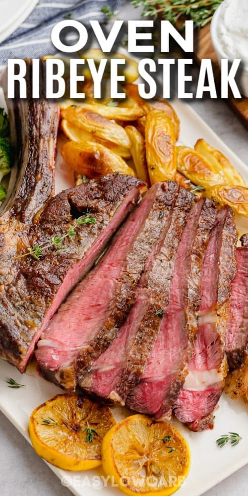 sliced ribeye steak on a plate with text