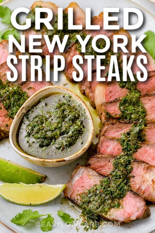 slices of grilled New York steak with text