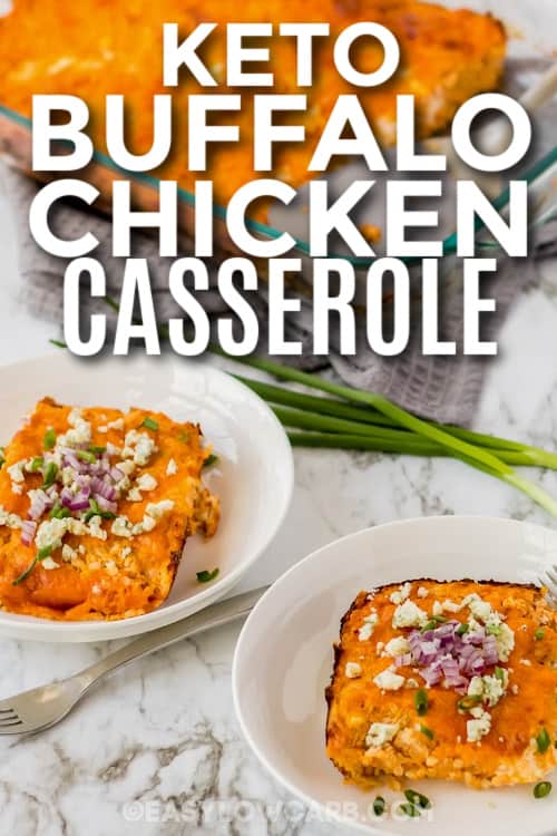 keto buffalo chicken casserole on plates with text