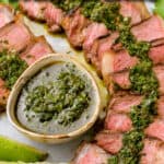 slices of grilled New York steak on a plate with text