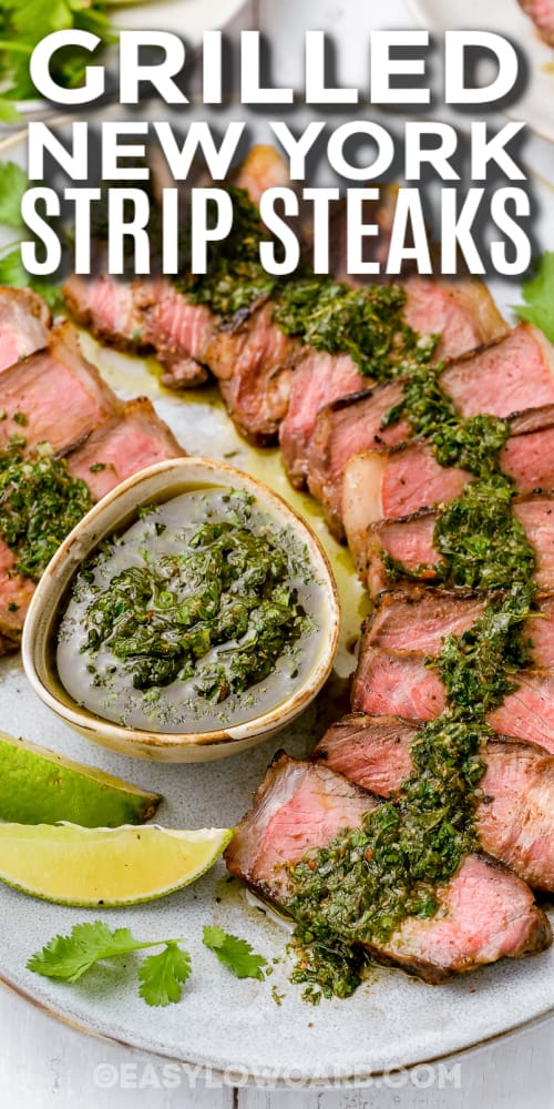slices of grilled New York steak on a plate with text