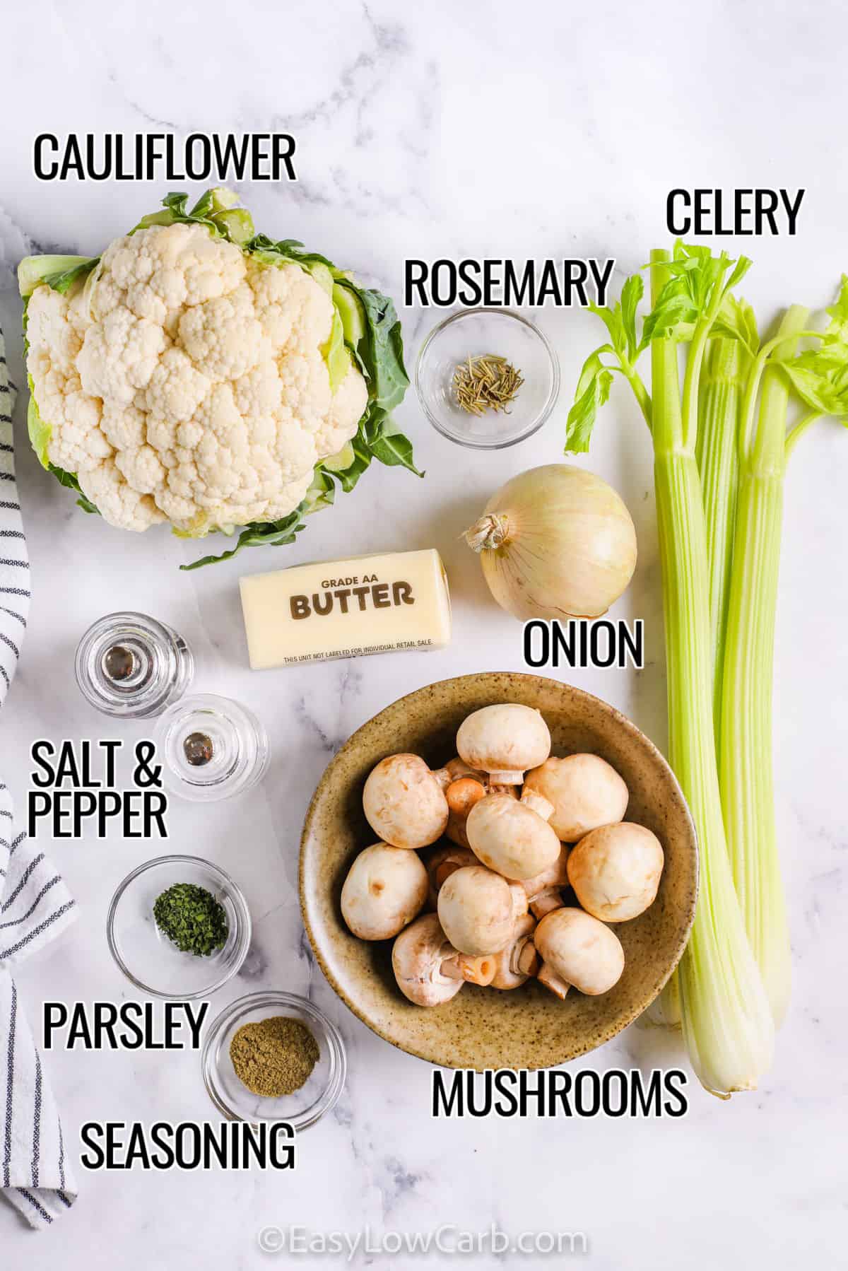 cauliflower , celery , mushrooms , butter , onion and seasonings to make Cauliflower Stuffing with labels