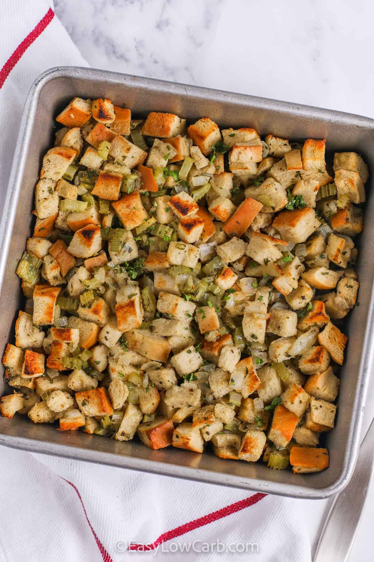 cooked Keto Stuffing in the pan