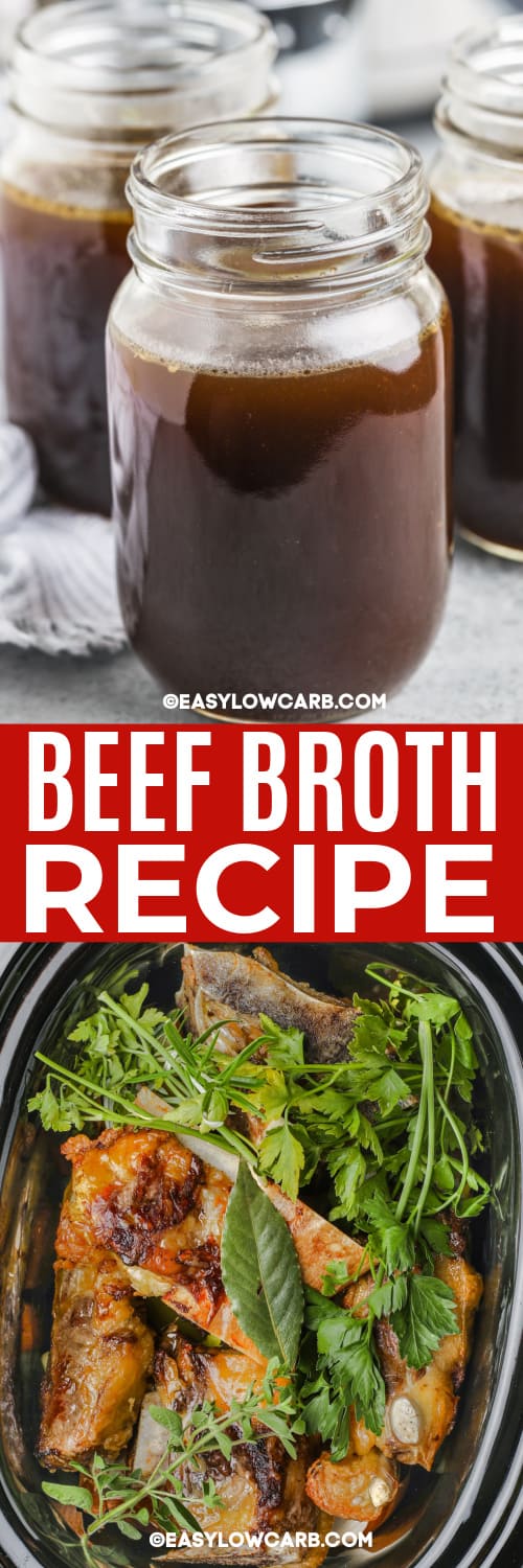 beef bone broth recipe in clear jars and the ingredients to make the broth in a Crockpot under the title