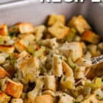 pan full of Keto Stuffing with writing